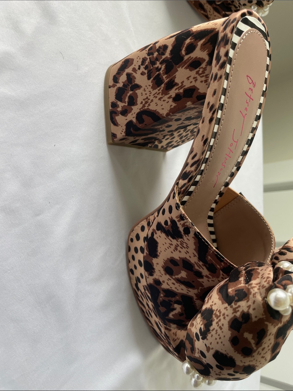 Betsey Johnson Leopard Print Pearl-Trim Mules in Brown and Black - Picture 2 of 10